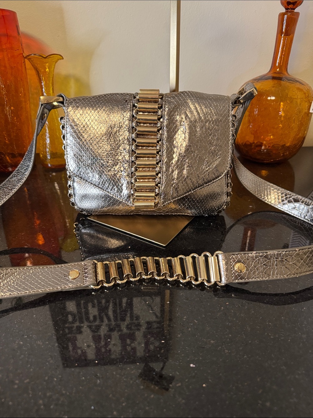 Ted Baker Metallic Bronzed Gold Shoulder Bag with Gold Chain Detail - Picture 7 of 13